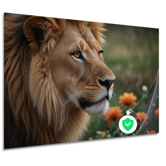 Bedachtzame Leeuw in een Veld van Bloemen poster