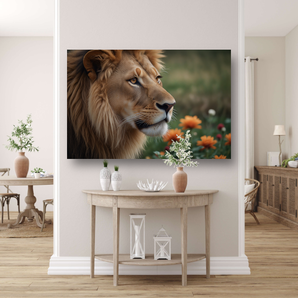Bedachtzame Leeuw in een Veld van Bloemen acrylglas