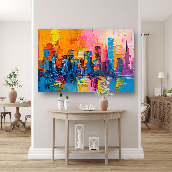 Levendige abstracte interpretatie van een stedelijke skyline poster