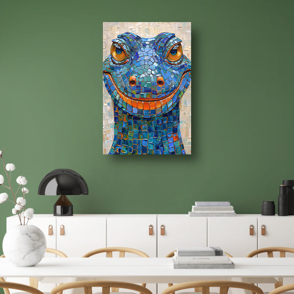 Kleurrijk popart hagedis met vrolijke glimlach canvas met baklijst