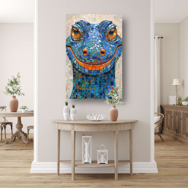 Kleurrijk popart hagedis met vrolijke glimlach canvas met baklijst