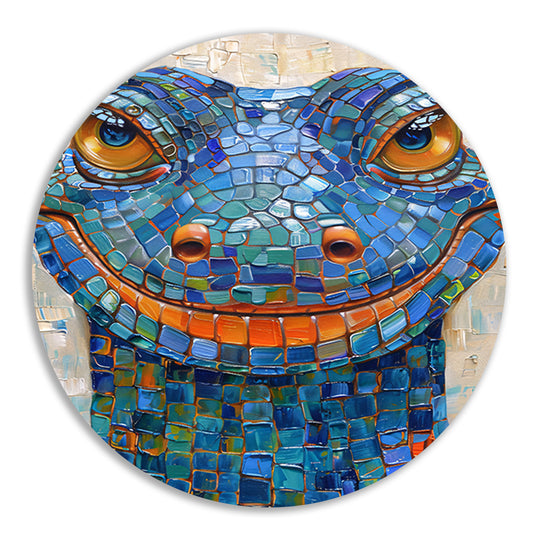 Kleurrijk popart hagedis met vrolijke glimlach aluminium muurcirkel