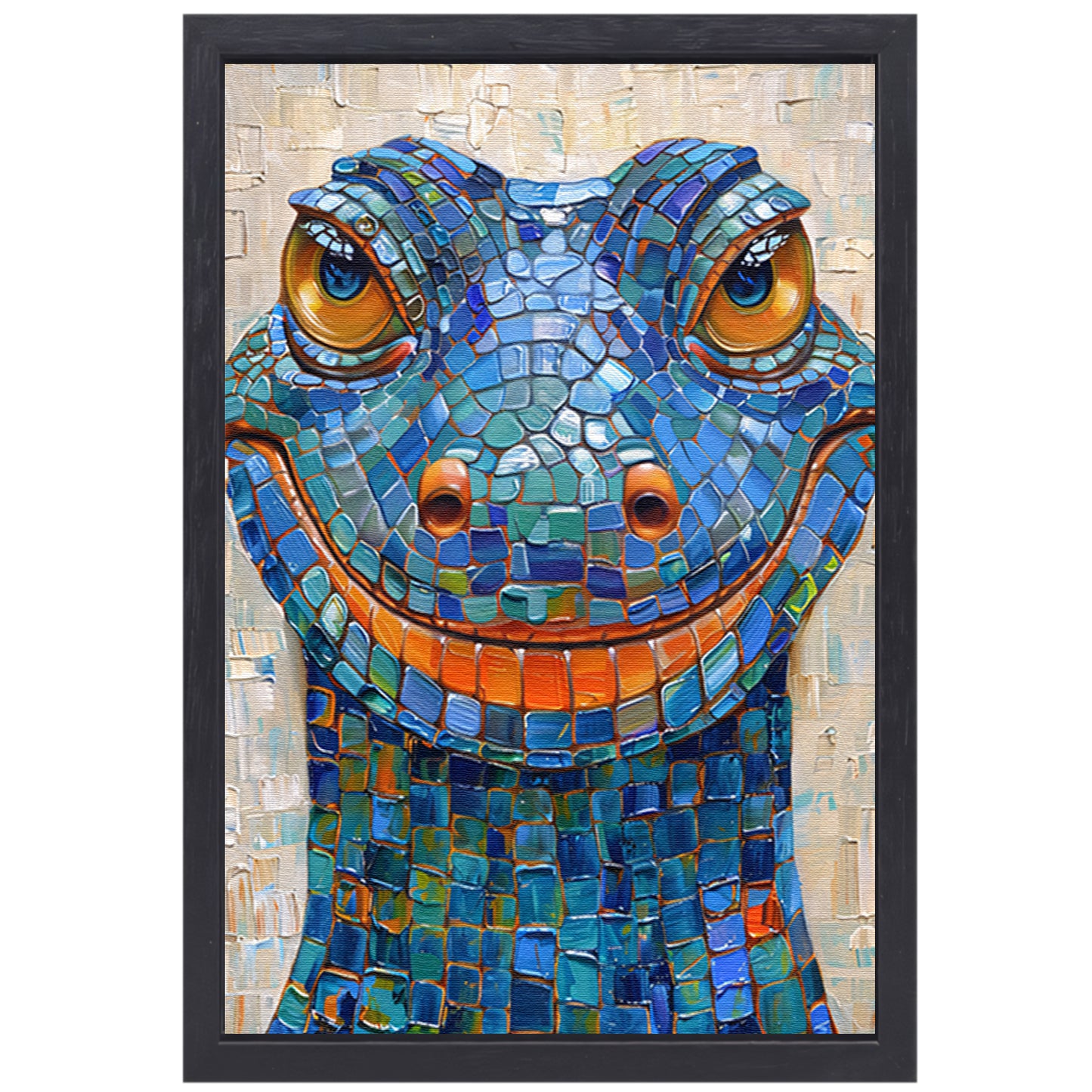 Kleurrijk popart hagedis met vrolijke glimlach canvas met baklijst