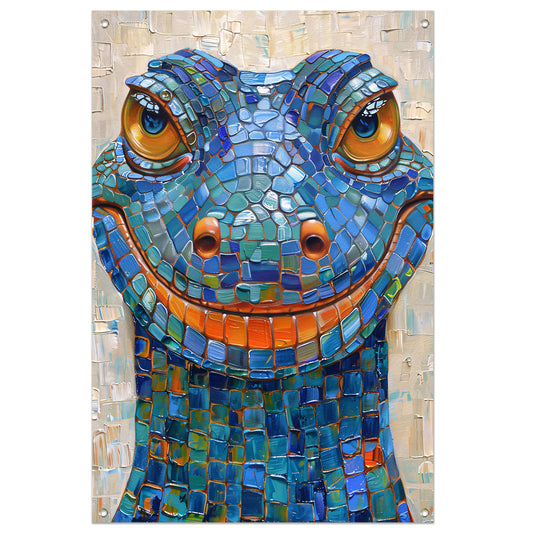 Kleurrijk popart hagedis met vrolijke glimlach tuinposter