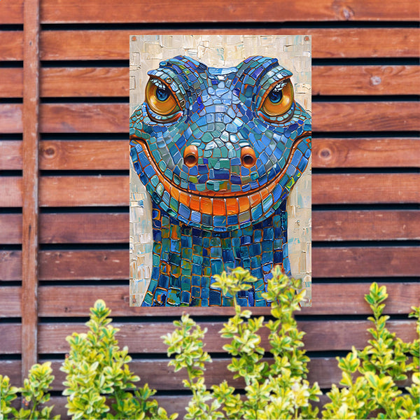 Kleurrijk popart hagedis met vrolijke glimlach tuinposter