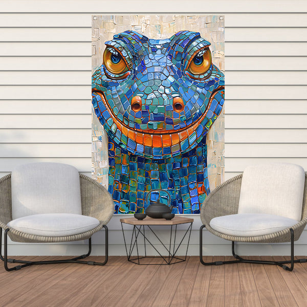 Kleurrijk popart hagedis met vrolijke glimlach tuinposter