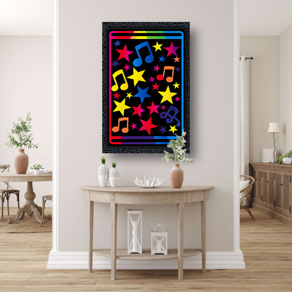 Kleurrijk Sterren en Muzikale Noten Explosie canvas met baklijst