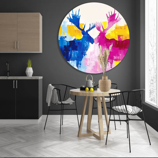 Abstract schilderij van elanden in felle kleuren aluminium muurcirkel