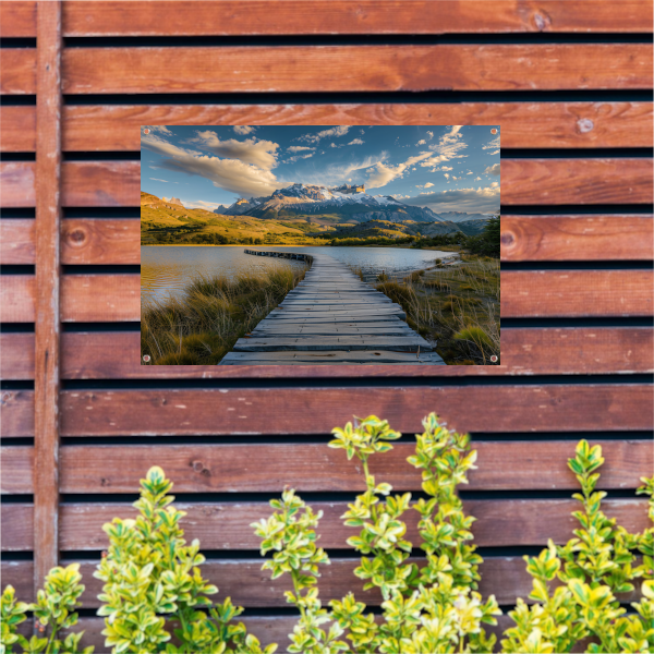 Brug naar serene berglandschap bij meer tuinposter