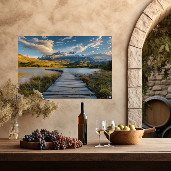 Brug naar serene berglandschap bij meer tuinposter