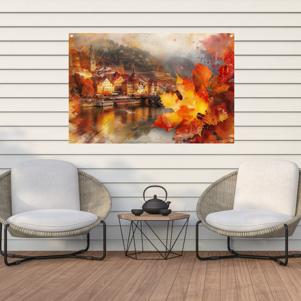 Schilderachtige Herfststad aan de Rivier tuinposter