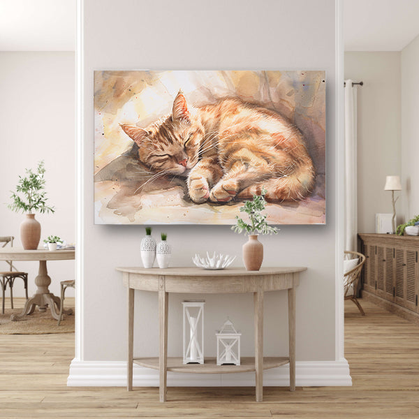 Slapende kat in zonlicht aquarel schilderij poster