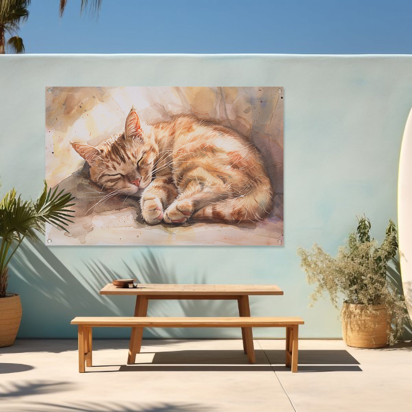 Slapende kat in zonlicht aquarel schilderij tuinposter