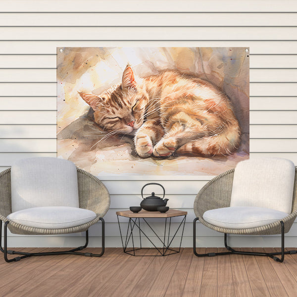Slapende kat in zonlicht aquarel schilderij tuinposter