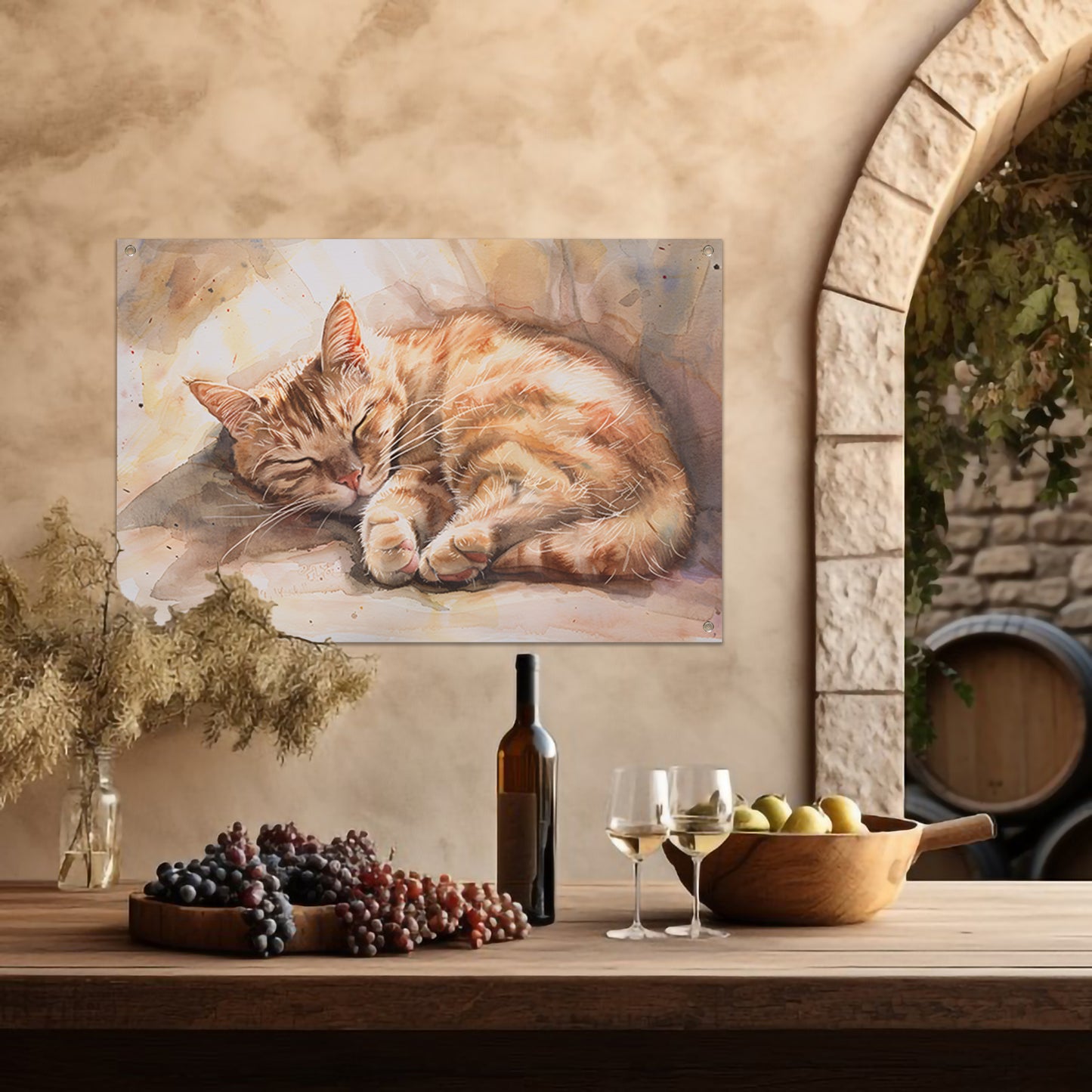 Slapende kat in zonlicht aquarel schilderij tuinposter