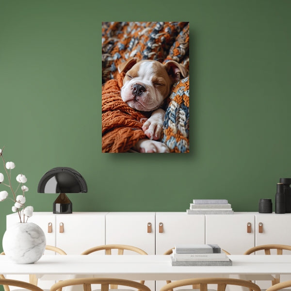 Bulldog Puppy Slaapt in Warme Deken canvas