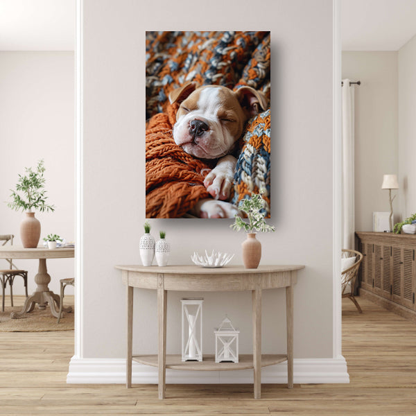 Bulldog Puppy Slaapt in Warme Deken canvas