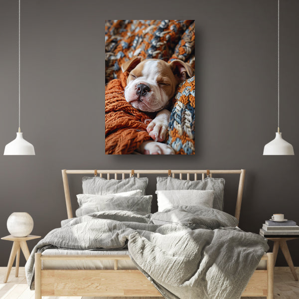 Bulldog Puppy Slaapt in Warme Deken canvas
