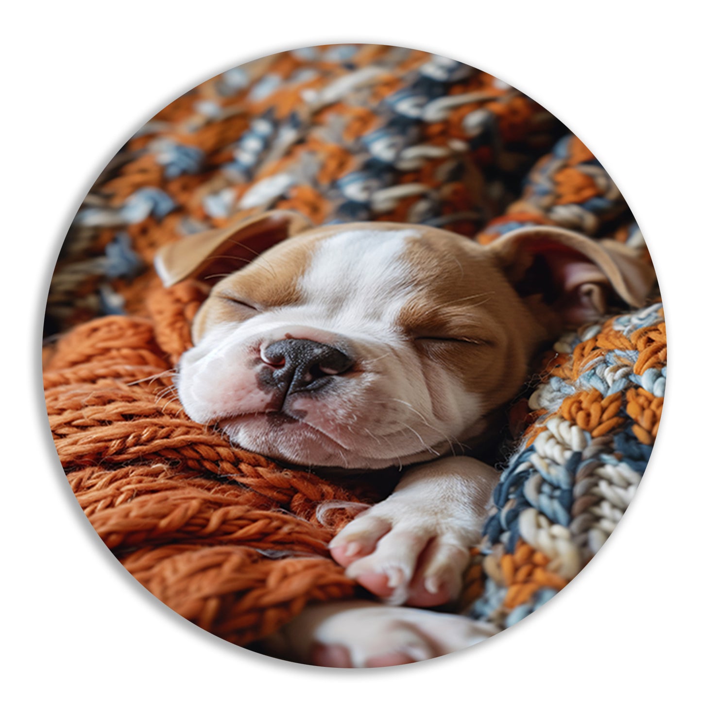Bulldog Puppy Slaapt in Warme Deken aluminium muurcirkel