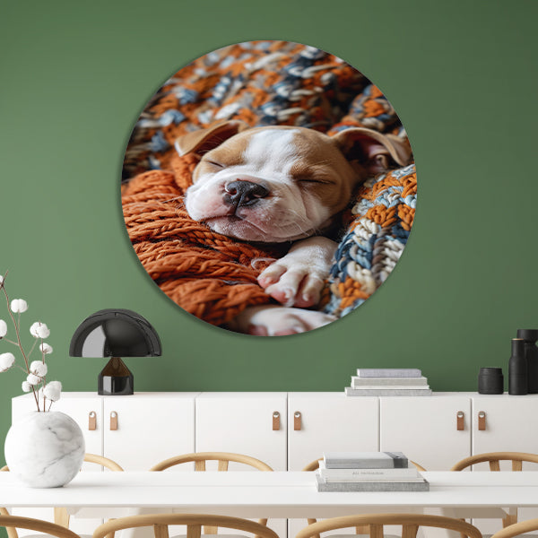 Bulldog Puppy Slaapt in Warme Deken aluminium muurcirkel