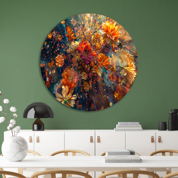 Levendige kleurenexplosie van bloemen in kunst aluminium muurcirkel