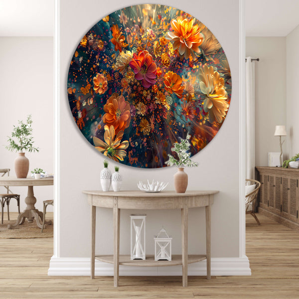 Levendige kleurenexplosie van bloemen in kunst aluminium muurcirkel