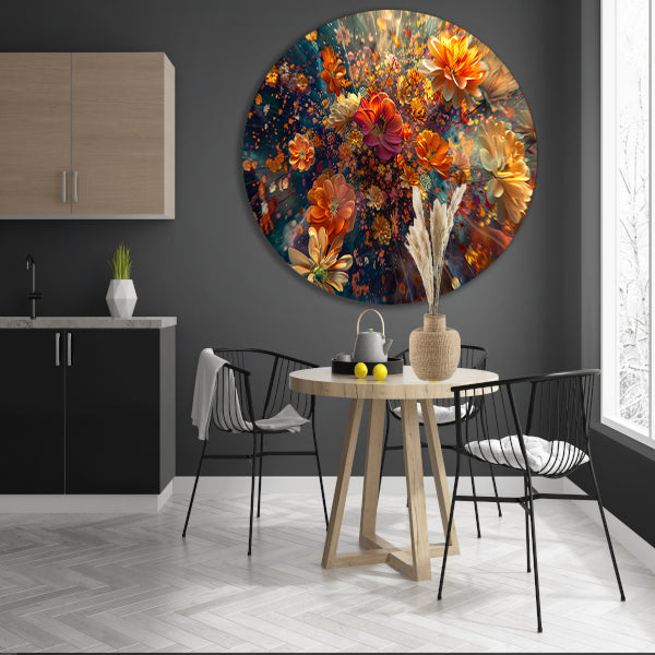 Levendige kleurenexplosie van bloemen in kunst aluminium muurcirkel