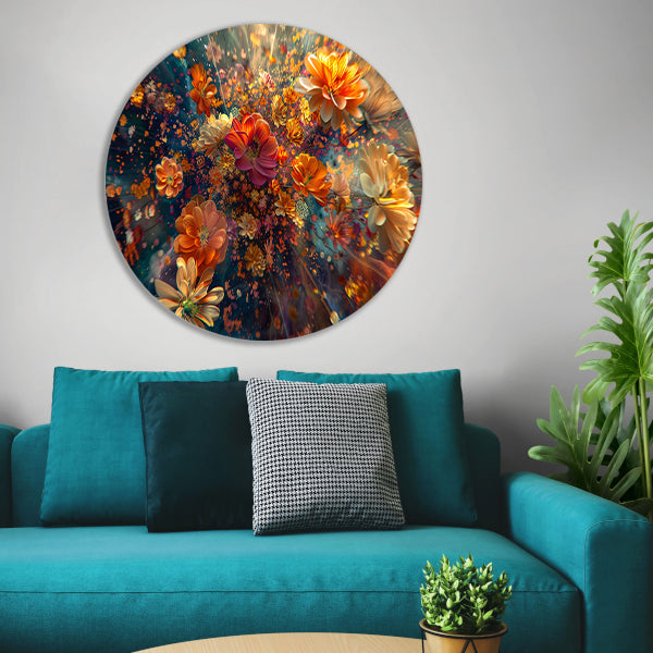 Levendige kleurenexplosie van bloemen in kunst aluminium muurcirkel
