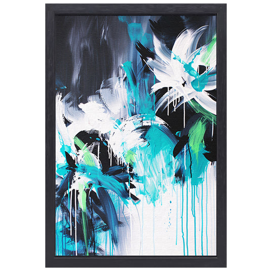 Abstract dynamisch kunstwerk met kleurrijke penseelstreken canvas met baklijst
