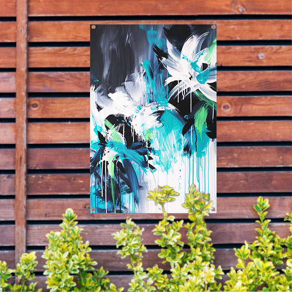 Abstract dynamisch kunstwerk met kleurrijke penseelstreken tuinposter