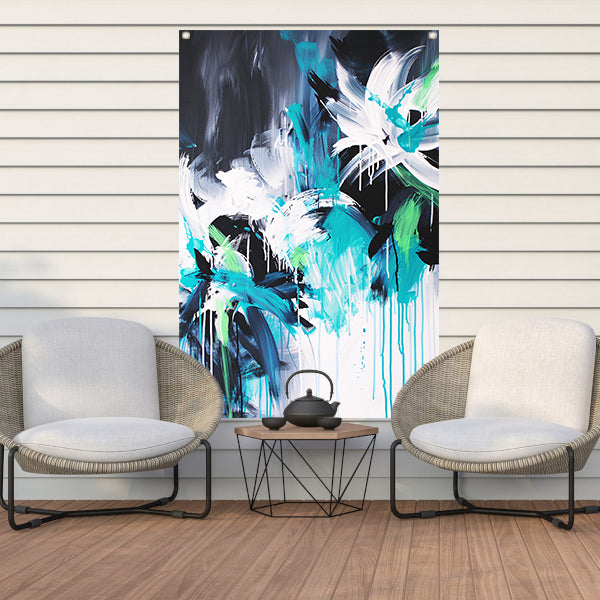 Abstract dynamisch kunstwerk met kleurrijke penseelstreken tuinposter