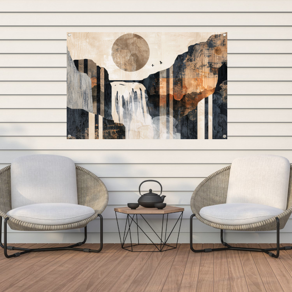Abstracte waterval in japandi stijl tuinposter