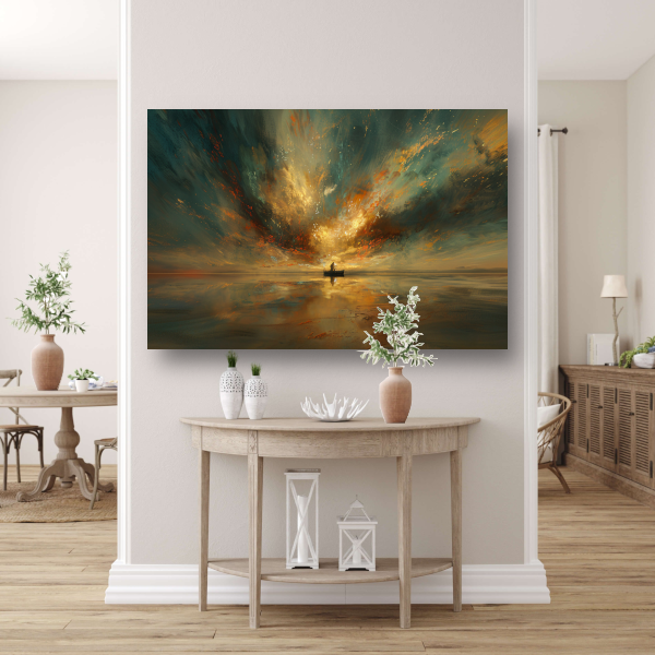Impressionistische boot op woeste zee poster