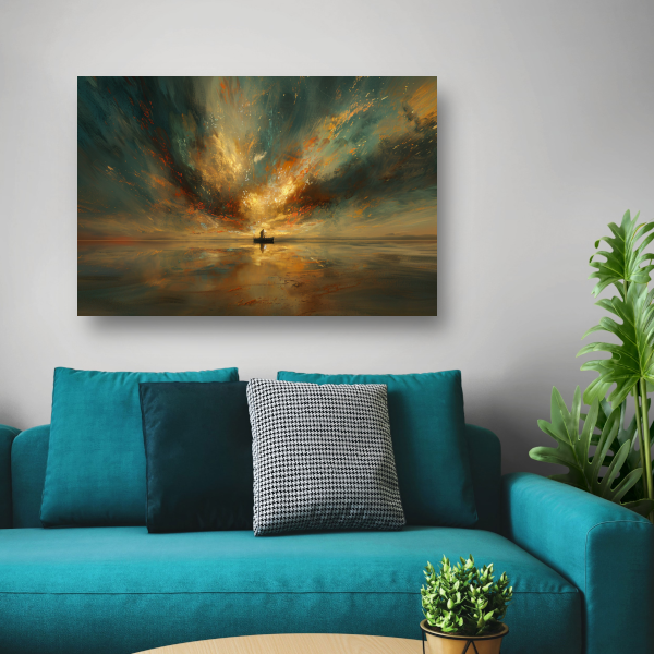 Impressionistische boot op woeste zee poster