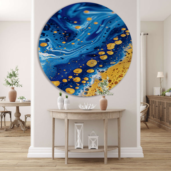 Blauwe en gouden abstracte schilderij aluminium muurcirkel