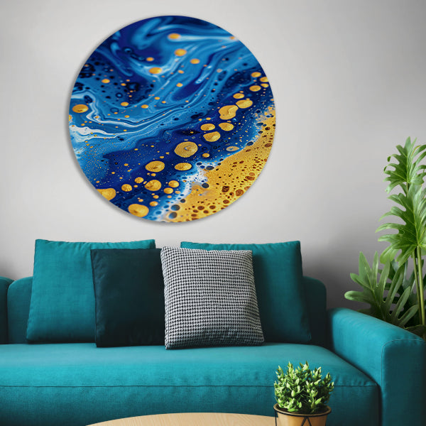 Blauwe en gouden abstracte schilderij aluminium muurcirkel