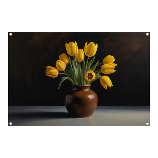 Gele Tulpen in Harmonie met Bruine Vaas tuinposter