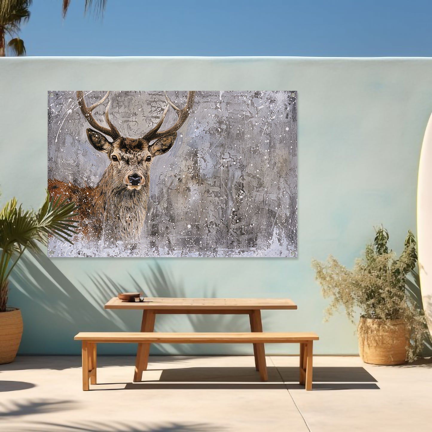 Realistisch schilderij van een hert in sneeuw tuinposter