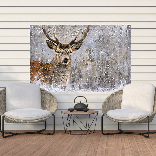 Realistisch schilderij van een hert in sneeuw tuinposter
