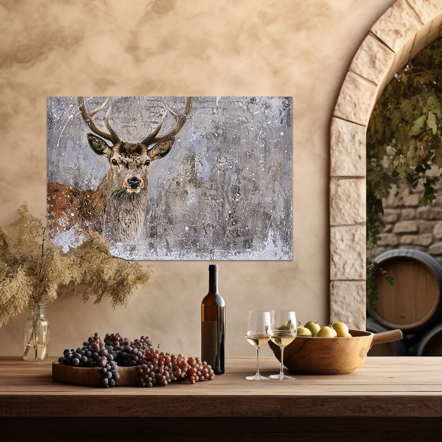 Realistisch schilderij van een hert in sneeuw tuinposter