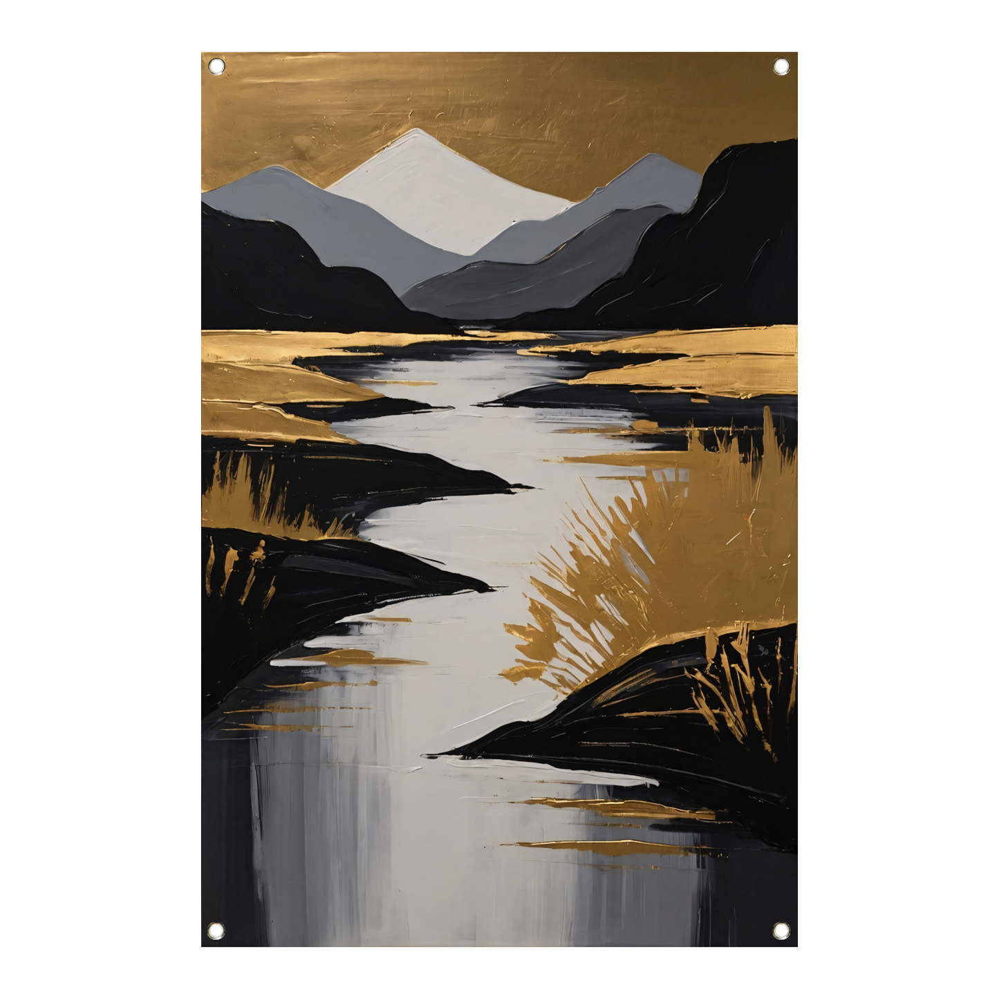 Rustic River Flowing Through Monochrome Mountains tuinposter