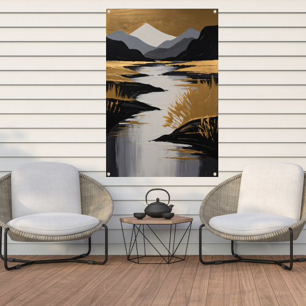 Rustic River Flowing Through Monochrome Mountains tuinposter