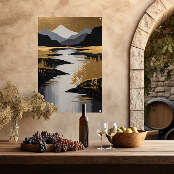 Rustic River Flowing Through Monochrome Mountains tuinposter