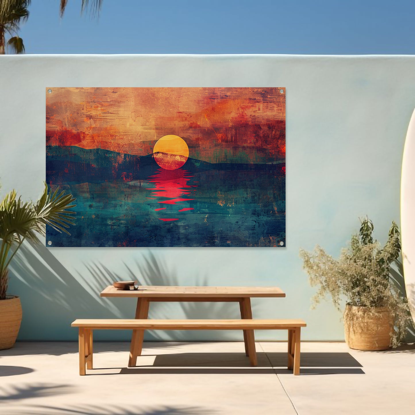 Abstracte kleurrijke zonsondergang over water tuinposter