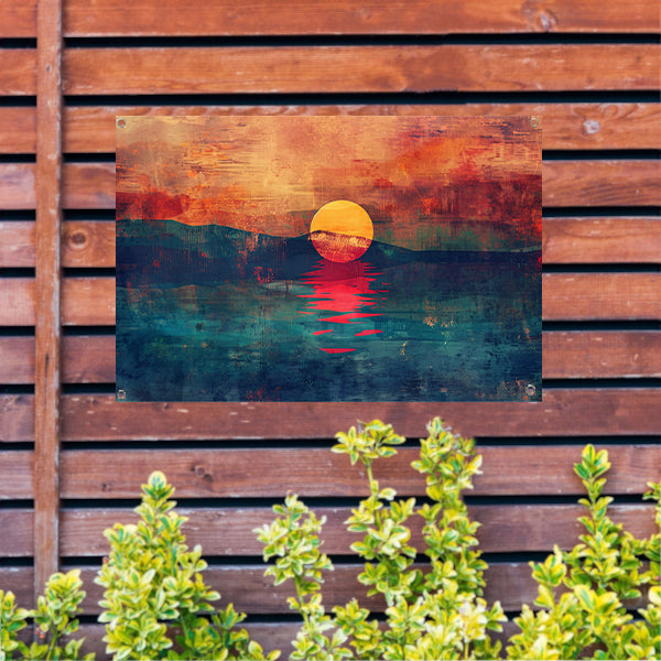 Abstracte kleurrijke zonsondergang over water tuinposter