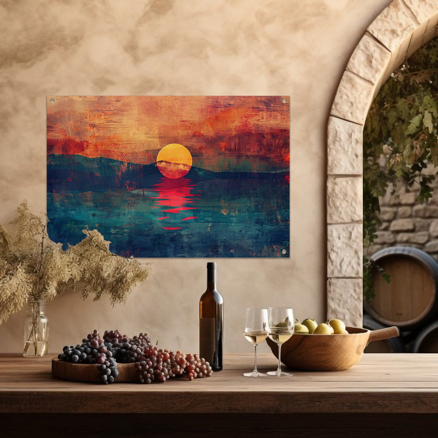Abstracte kleurrijke zonsondergang over water tuinposter