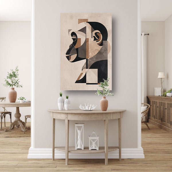 Abstracte Kubistische Aap in Sepiatonen canvas met baklijst
