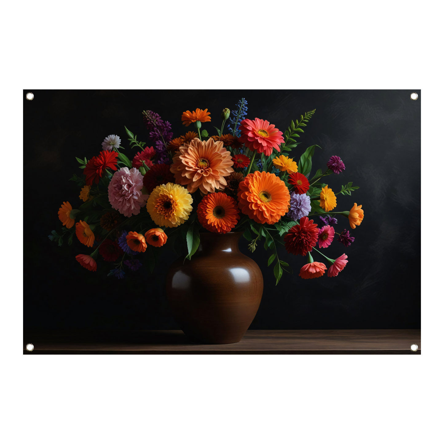 Bruine vaas met kleurrijke bloemenpracht tuinposter
