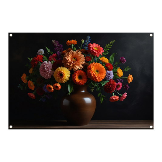 Bruine vaas met kleurrijke bloemenpracht tuinposter