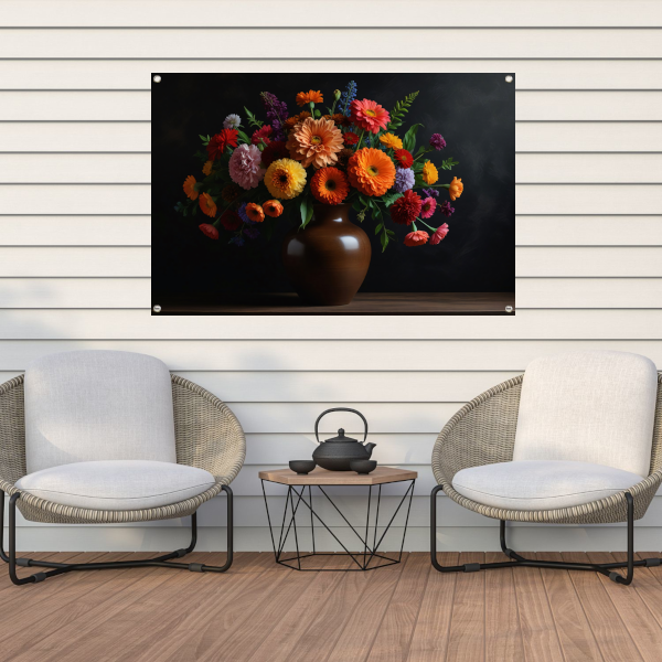 Bruine vaas met kleurrijke bloemenpracht tuinposter